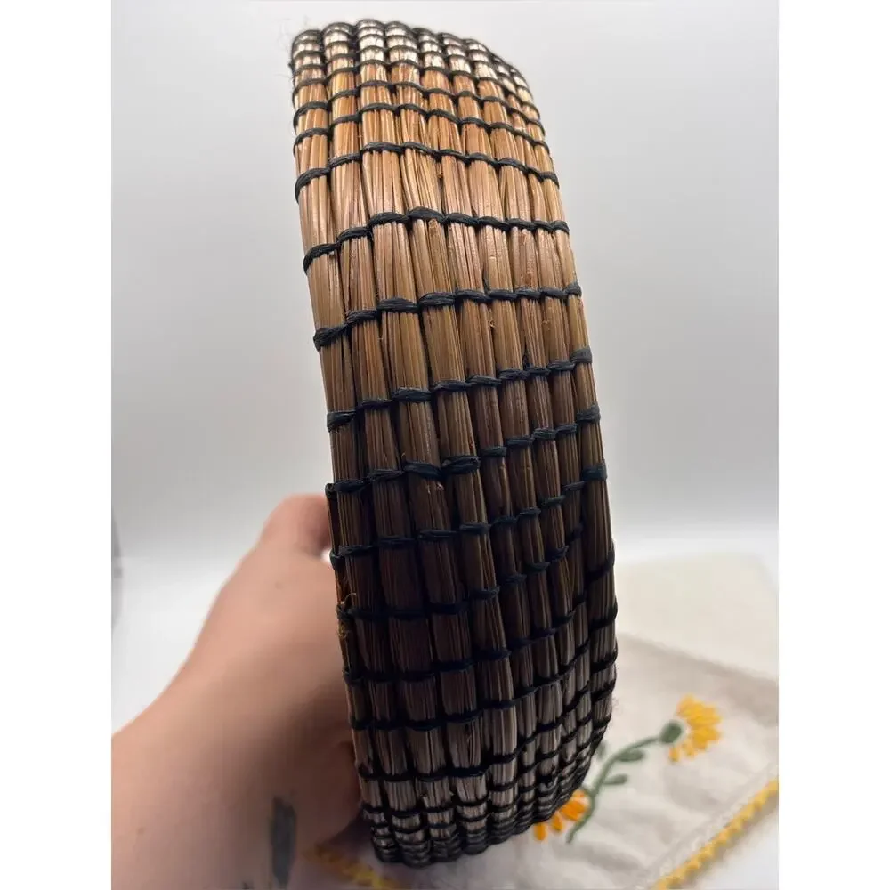 Handmade Pine Needle Basket Featuring a Polished Purple Agate Stone Center Base